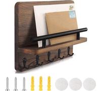 Unyqoos® Tablero de llaves de madera (pino), 25 x 18,5 x 7,5 cm – Soporte de pared rústico para llaves con espacio de almacenamiento y compartimento para cartas, 6 ganchos de zinc, color marrón