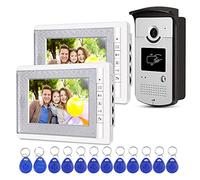 uoweky Sistema de Control de Acceso Kit de Videoportero de 7", Cámara de 700 TVL con Visión Nocturna, Sistema de 4 Cables para 2 Familias, con 10 llaveros RFID
