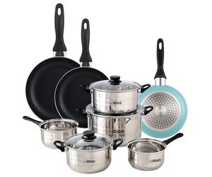 Urban Cook Set de Batería de cocina de 8pc en acero inoxidable + 3 Sartenes Ø16Ø20Ø24cm Azul mate en aluminio prensado
