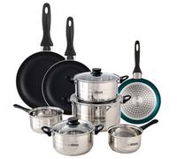 Urban Cook Set de Batería de cocina de 8pc en acero inoxidable + 3 Sartenes Ø16Ø20Ø24cm Azul metalizado en aluminio prensado