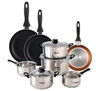 Urban Cook Set de Batería de cocina de 8pc en acero inoxidable + 3 Sartenes Ø16Ø20Ø24cm Bronce metalizado en aluminio prensado