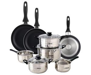 Urban Cook Set de Batería de cocina de 8pc en acero inoxidable + 3 Sartenes Ø16Ø20Ø24cm Negro en aluminio prensado