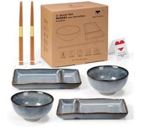 Urban Lifestyle Set Sushi Japonés para 2 Personas MISAKI Vajilla de Cerámica con Esmalte Reactivo, 2 Platos Sushi, 2 Cuencos para Arroz Sushi y Sopa Miso, 2 Palillos Japoneses (Gris Azul)