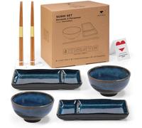 Urban Lifestyle Set Sushi Japonés para 2 Personas MISAKI Vajilla de Cerámica con Esmalte Reactivo, 2 Platos Sushi, 2 Cuencos para Arroz Sushi y Sopa Miso, 2 Palillos Japoneses (Azul Marino)