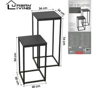 Urban Living Juego de mesa auxiliar/soporte para plantas - 2 piezas - negro/marrón - metal/madera - D30 x H54 cm y D34 x H74 cm Black