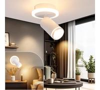 URing Lámpara de Techo 1 Focos Orientable Blanco, Moderno Redondo Plafones de Techo con Luz Inferior 5W+ 5W GU10, Blanco Cálido 3000K, Foco de techo LED Para Cocina, Sala de estar, Dormitorio