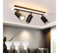 URing Lámpara de Techo 3 Focos Orientable Negro, Moderno Plafones de Techo con Luz Inferior 10W+ 3x5W GU10, Blanco Cálido 3000K, Foco de techo LED Para Cocina, Sala de estar, Dormitorio