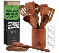 Utensilios de Cocina Madera 12 Pzs - Set de Espátulas y Cucharas de Madera, con Soporte, Reposacucharas y Ganchos. Antiarañazos. Accesorios Cocina con Agarre Cómodo para Sartenes Antiadherentes