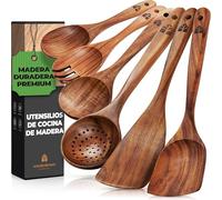 Utensilios de Cocina Madera 6 Pzs para Cocinar - Set de Espátulas y Cucharones de Cocina - Cucharas de Madera de Teca, Antiarañazos. Accesorios Cocina con Agarre Cómodo para Sartenes Antiadherentes