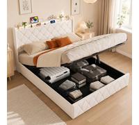 UTTQEW Cama Capitonada 160x200 con LED y USB, Cama 2 Persona con Somier y cabecera, Marco de Cama Dos Plazas con Estantes Abiertos, para Adolescentes y Adultos, Sin Colchón, Velours, Beige