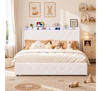 UTTQEW Cama Doble 140x200 con LED y USB, Marco de Camas de 2 Plazas con Almacenamiento Hidráulico, Somier de Latones, Cabecero de Cama Acolchado para Adolescentes y Adultos, Sin Colchón, Velours