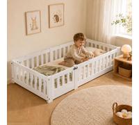 UTTQEW Cama Infantil 120x200 cm, Cama Montessori con Protección contra Caídas y Puerta, Baby Bed con Somier, Cama de Suelo para Bebé para Niños y Niñas, Pino, Sin Colchón, Blanco A