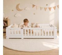 UTTQEW Cama Infantil 90x200 cm, Cama Montessori con Protección contra Caídas y Puerta, Baby Bed con Somier, Cama de Suelo para Bebé para Niños y Niñas, Pino, Sin Colchón, Blanco A