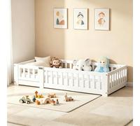 UTTQEW Cama Montessori 90x190 cm, Cama Infantil con Protección contra Caídas y Puerta, Baby Bed con Somier, Cama de Suelo para Bebé para Niños y Niñas, Pino, Sin Colchón, Blanco