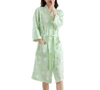 UUNBS Bata de Gasa de algodón para Mujer,Bata de baño Tipo Kimono con Estampado Moderno,Ropa de Estar por casa Ligera y Transpirable,1 Green,L