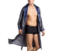 UUNBS Bata Seda Satinada para Hombre Bata Tipo Kimono Seda Estampada Prenda Ligera y Suave para Estar en casa Ropa Dormir para SPA,Azul,5XL