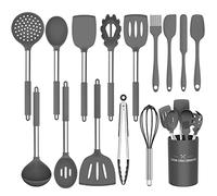 UXIYI Juego de utensilios de cocina, utensilios de cocina de silicona de 15 piezas con mango de acero inoxidable, juego de utensilios antiadherentes, herramientas y gadgets de cocina,Gris