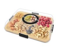 Uxsjakjsd Tabla de con Tapa y Asa Transparentes, Cajas de Bambú para con 6 Compartimentos, Tabla de Quesos Portátil de Viaje, Color Negro.