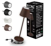 V-TAC Lámpara de Mesa Inalámbrica LED Regulable con Controles Táctiles - Lámpara Marrón para Interiores y Exteriores - Hogar o Restaurante - Batería 4400 mAh - Luz Blanca Cálida 3000K
