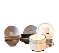 Vajilla Completa de Ceramica de 24 Piezas: Set de Lujo con Platos de 21cm/25cm, Cuencos de 15cm/18cm y Platos Hondos en Beige Brillo y Marrón Mate para 4 Personas
