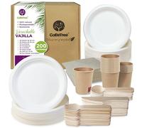 Vajilla Desechable de 200 pcs para 25 personas, Platos desechables de Caña de Azúcar y Cubiertos desechables de Madera, vasos desechables Kraft Para Cumpleaños infantil,fiestas y barbacoas