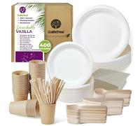 Vajilla Desechable de 400 pcs para 50 personas, Platos desechables de Caña de Azúcar y Cubiertos desechables de Madera, vasos desechables Kraft Para Cumpleaños infantil, fiestas y barbacoas