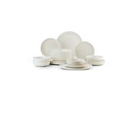 Vajilla elegante de 16 piezas, 100% porcelana, color crema, incluye platos, cuencos y platos de postre, apto para lavavajillas y microondas