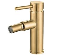 VALAZ Grifo Bidet Dorado Cepillado Protección PVD | Grifo Monomando Lavabo, Mezclador Agua Fría y Caliente, Ahorro de Agua | Instalación Facil y Rápida | Latón, Inoxidable, Redondo, Serie Jabalon