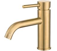 VALAZ Grifo Lavabo Dorado Cepillado Protección PVD | Grifo Monomando Lavabo, Mezclador Agua Fría y Caliente, Ahorro de Agua | Instalación Facil, Latón, Inoxidable, Oro Mate, Caño Curvo, Serie Jabalon