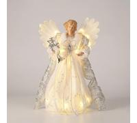 Valery Madelyn Ángel de Adornos Copa del Árbol de Navidad Blanco Plate, 30cm Topper de Tela Plata con 10 Luces LED Cálidas, Decoraciones Funciona con Batería No Incluida