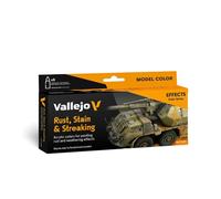 Vallejo Model Color Set de Pintura Acrílica Rust, Stain & Streaking. Kit de 8 Colores de Acabado Mate en Botellas de 18 Ml con Cuentagotas y una Carta de Colores para Efectos de Óxido y Suciedad