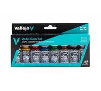 Vallejo Model Color Wargames Basics 70260, set de 8 pinturas acrílicas de 18 ml para wargames y miniaturas: blanco, carnación oscura, rojo, azul, verde, marrón, negro y plata, botes con cuentagotas