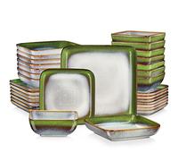 vancasso Juego de vajilla de 32 piezas para 8 personas, juego de vajilla cuadrada de esmalte reactivo, juego de platos y cuencos verdes con plato llano, plato de postre, cuenco y plato hondo