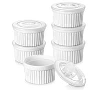 vancasso Moldes para Soufflé con Tapas - 6 Ramequines de Cerámica 200ml, Moldes para Tartas y Postres, Ø 9,5cm, Mini Cuencos Blancos Apto para Lavavajillas, Microondas y Horno, Ideal para Navidad