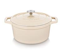 vancasso Olla de Hierro Fundido, 26 cm / 5 Litros Horno Holandés Hierro Fundido Esmaltado con Tapa Redonda de Acero Inoxidable para Cocina Estofado, Paella, Freír, Asar, Saltear - Blanco