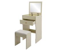 Vani Set 3 en 1 con taburete, espejo plegable, mesa de maquillaje de cactus con bordes, tocador para dormitorio pequeño para maquillaje, 40 x 37,5 x 72 cm (madera de roble blanco)