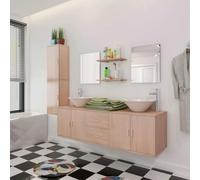 Vanitopaz Juego de muebles de baño beige con lavabo, grifo, armario bajo lavabo, armario con espejo, armario alto y estantería para baño, montaje en pared, espacio de almacenamiento y orden en el baño