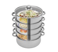 Vaporera de 5 niveles, 26, 28 y 30 cm, acero inoxidable, con tapa de cristal, apta para todo tipo de fuegos, también para inducción (plata, 28 cm)