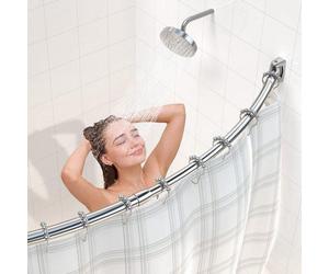 Varilla curva ajustable para cortina de ducha Ibenzoa®, fabricada en acero inoxidable, telescópica de 140–200 cm, con un espacio adicional de +23 cm, incluye 18 anillas de acero inoxidable, capacidad 