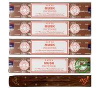Varillas de incienso originales Satya Nag Champa Musk | con soporte para varillas de incienso M&J | Paquete de 4 | para aromaterapia, spa, yoga, bodas, meditación, curación, positividad y relajación
