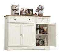 VASAGLE Aparador, Alacena de Cocina, 3 Puertas, 2 Cajones | Estantes Ajustables, Rincón de Café, 107 x 40 x 80 cm, Blanco Rústico y Marrón Miel, Colección SIREN LSC531WJ01