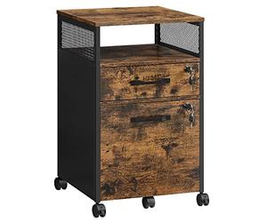 VASAGLE Archivador, archivador de Oficina con 2 cajones bloqueables, Ruedas, Estante Abierto, para Carpetas Colgantes, Marco de Acero, Estilo Industrial, marrón rústico y Negro OFC077B01