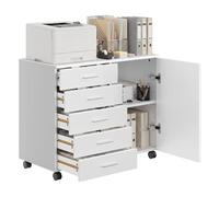 VASAGLE Archivador Móvil con 5 Cajones, 2 Estantes con Puerta, Cajonera, Soporte para Impresora, con Guías Deslizantes sin Tornillos, para Oficina, Casa, Blanco Nube OFC092WB02