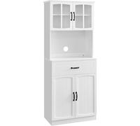 VASAGLE Armario Alto, Armario de Cocina con Puertas de Cristal y Estantes Ajustables, Cajón, Orificio para Cables, para Microondas, Estilo Moderno, Blanco