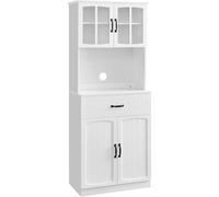 VASAGLE Armario Alto, Armario de Cocina con Puertas de Cristal y Estantes Ajustables, Cajón, Orificio para Cables, para Microondas, Estilo Moderno, Blanco