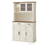VASAGLE Armario con Luces y Cargador, Armario de Cocina, con Puertas y Cajones, 39,5 x 106,5 x 180,6 cm, Estantes Ajustables, Estilo Rústico, Blanco Rústico y Marrón Miel Rustic white and honey brown