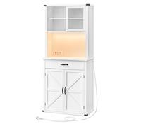 VASAGLE Armario con Luces y Cargador, Armario de Cocina, con Puertas y Cajones, 39,5 x 80,4 x 180,6 cm, Estantes Ajustables, Estilo Rústico, Blanco Nube/Blanco Rústico y Marrón Miel Cloud white