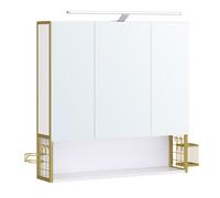 VASAGLE Armario de Baño con Espejo 3 Puertas, Mueble de Pared con Espejo, Enchufe, Cesta Colgante, Soporte para Secador de Pelo, para Baño, Lavabo/Roble Natural Cloud white and light golden green