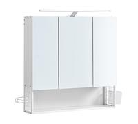 VASAGLE Armario de Baño con Espejo 3 Puertas, Mueble de Pared con Espejo, Enchufe, Cesta Colgante, Soporte para Secador de Pelo, para Baño, Lavabo/Roble Natural Cloud white