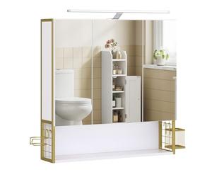 VASAGLE Armario de Baño con Espejo y Luz LED, Mueble de Pared, 3 Puertas